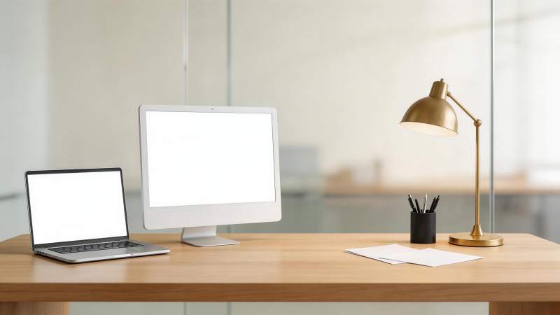 木质办公桌上摆放笔记本电脑显示器台灯文具图片