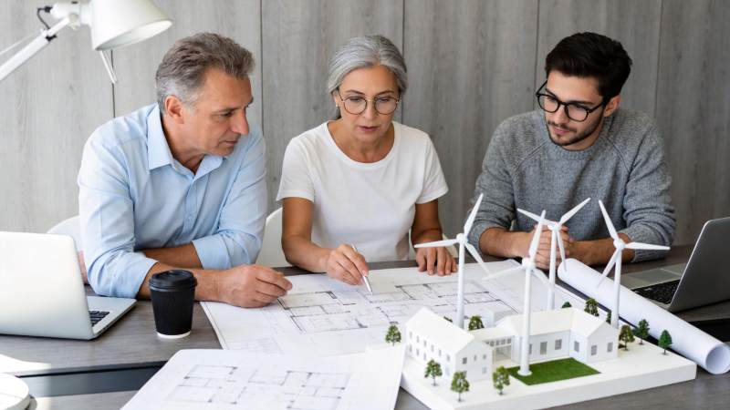 三人围桌讨论建筑模型与图纸方案图片