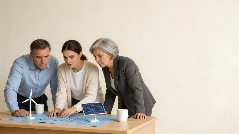 三人围桌研究新能源项目模型与图纸图片
