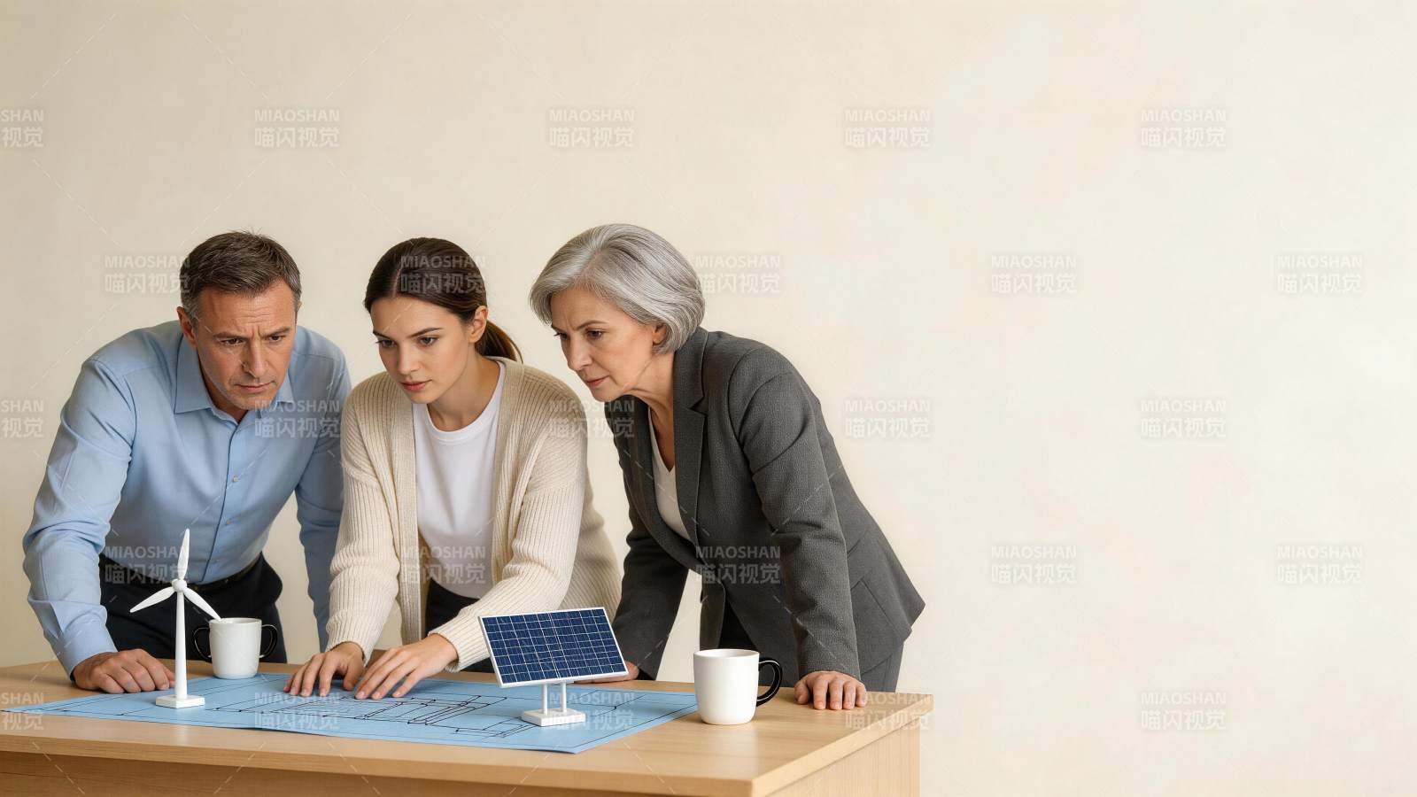 三人围桌研究新能源项目模型与图纸图片