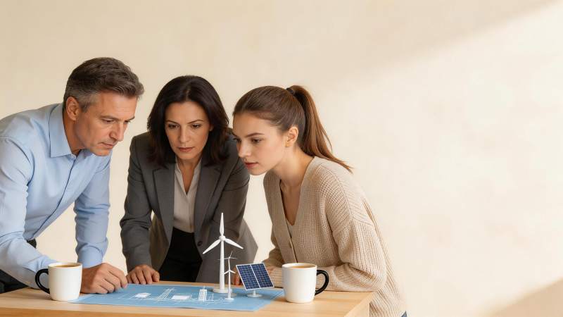 三人围看新能源模型讨论设计方案图片