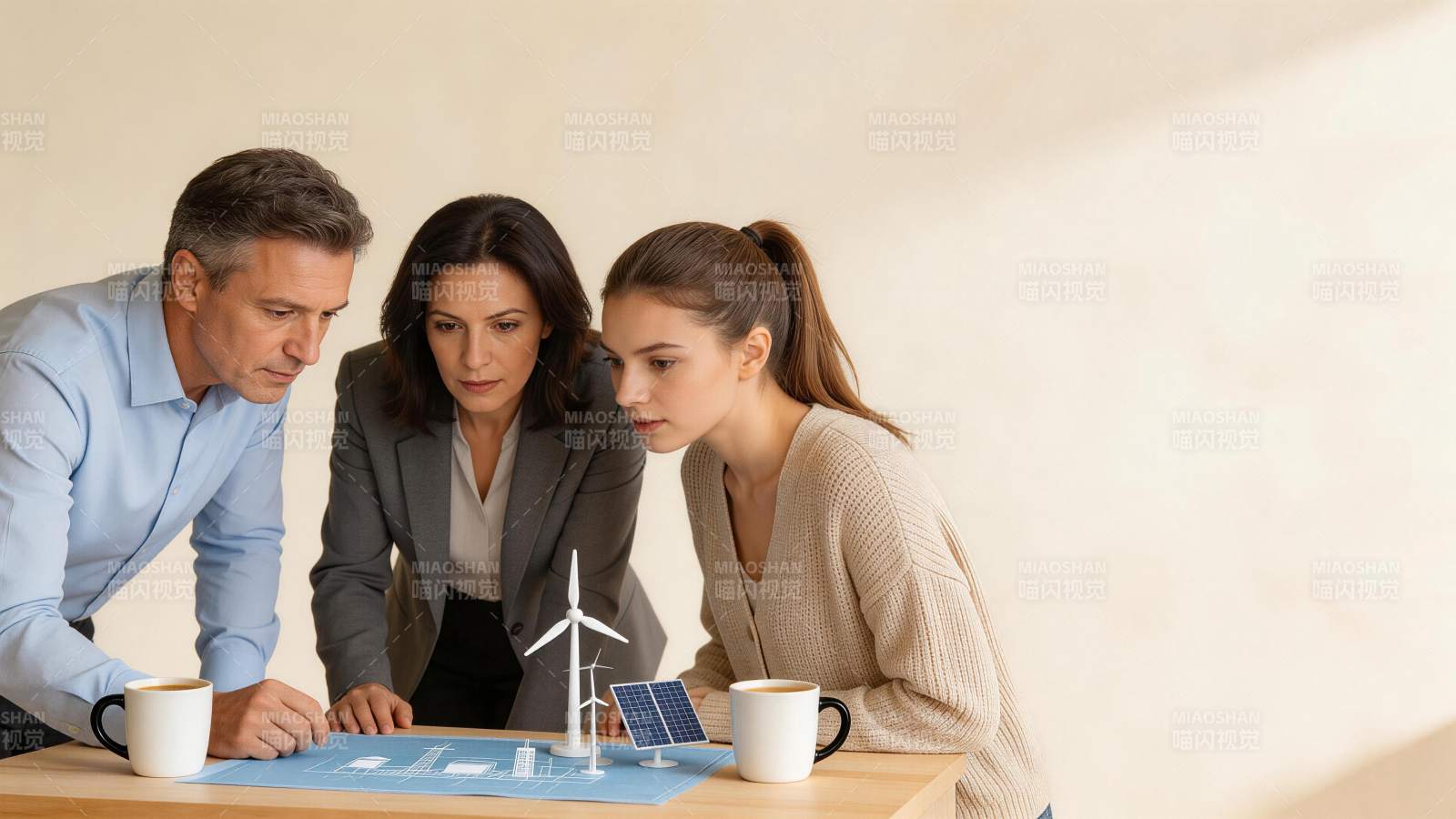 三人围看新能源模型讨论设计方案图片