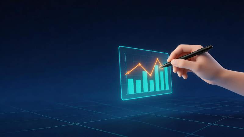 手握触控笔操作悬浮数据图表界面图片