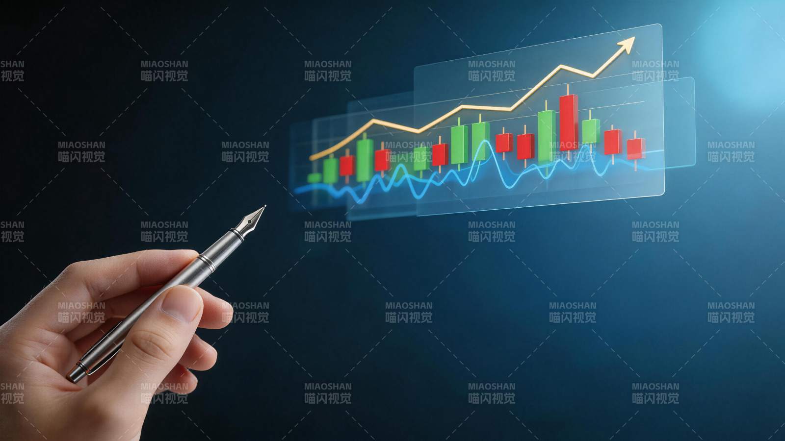 手持钢笔指向上升趋势金融图表图片