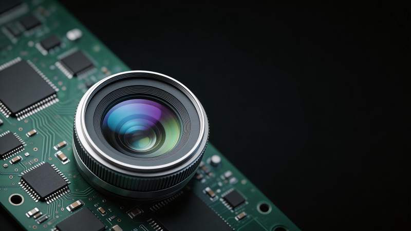 电路板上的光学镜头特写展示图片