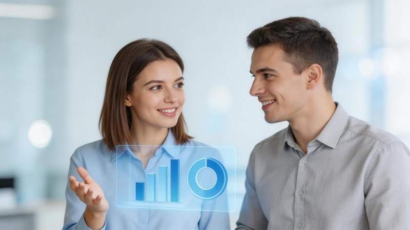 男女同事讨论全息图表数据界面图片