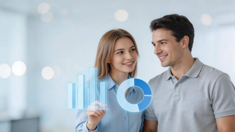 男女协作查看虚拟数据图表界面图片