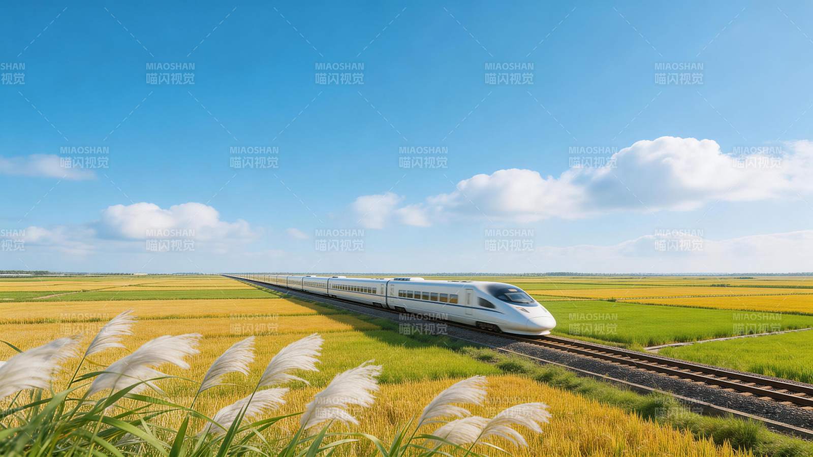 高速列车穿行金黄稻田与蓝天白云间图片