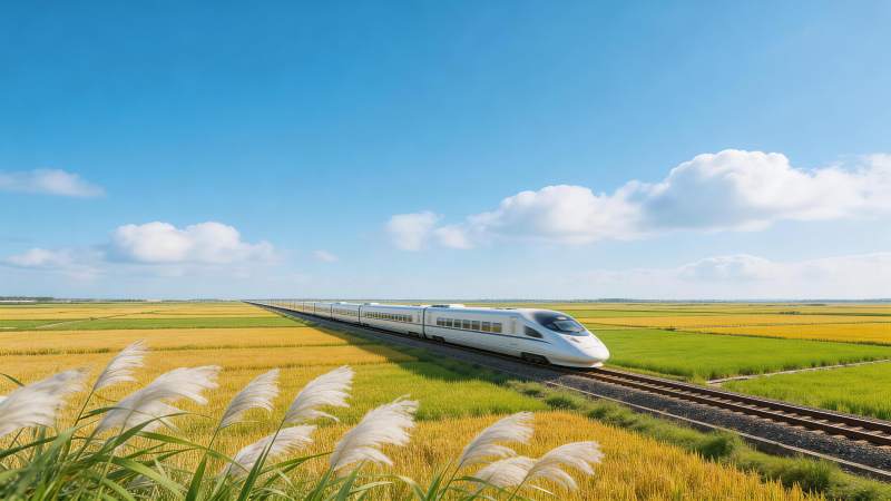 高速列车穿行金黄稻田与蓝天白云间图片