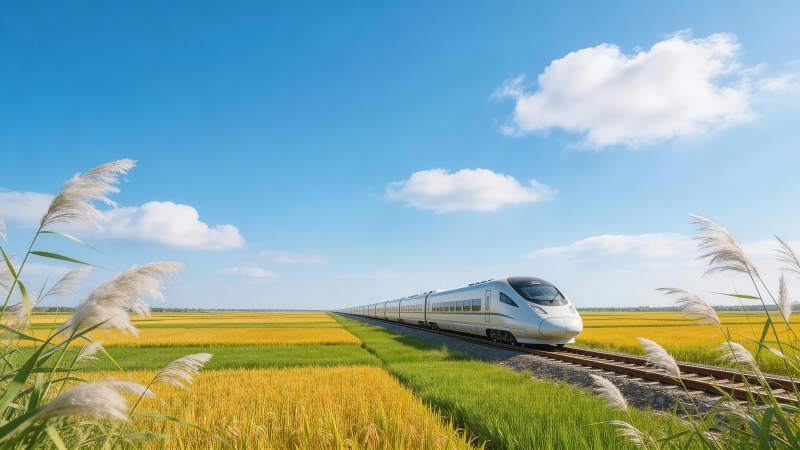 高速列车穿行金黄稻田与蓝天白云间图片