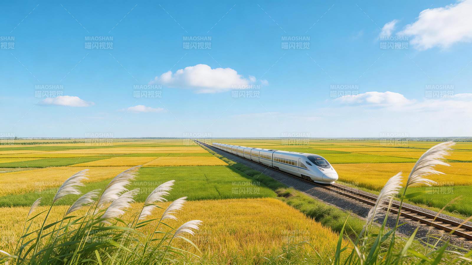 高铁穿行于金黄稻田与绿野之间的乡村风景图片