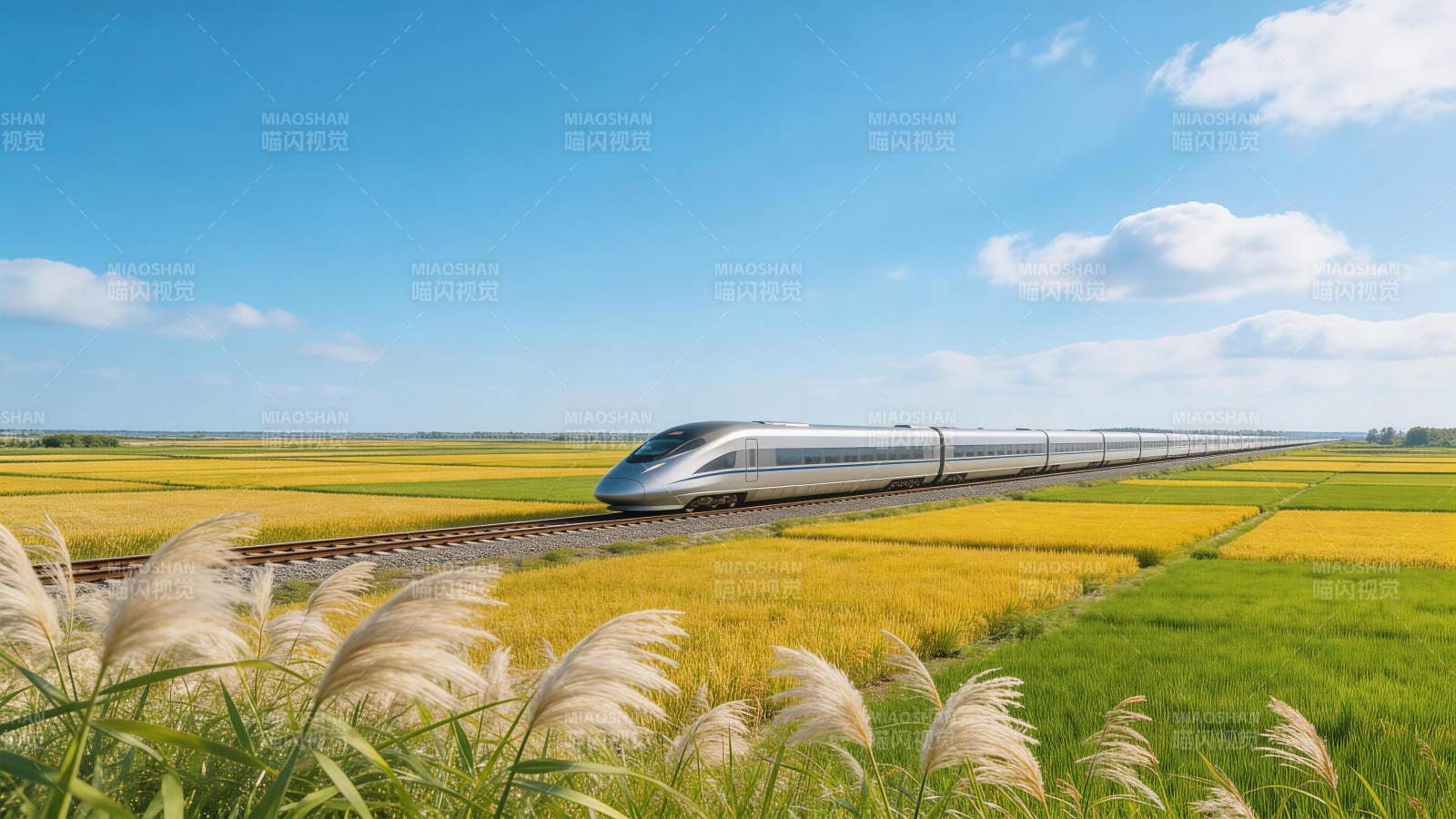 银色高铁穿行金黄稻田与青绿田野间图片