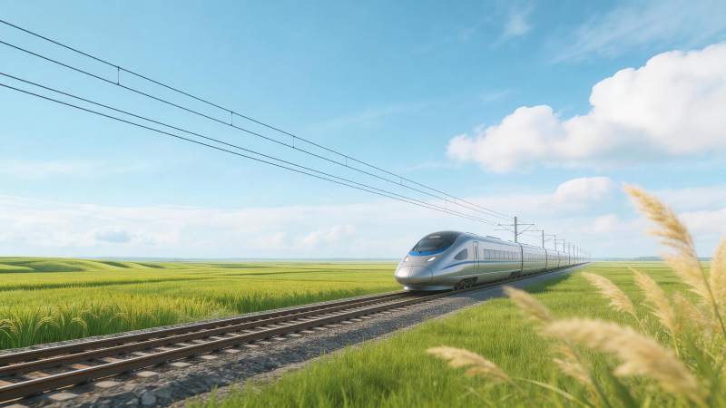 高速列车穿行绿色田野间的铁路轨道图片