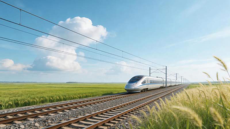 银色高铁行驶在绿色田野旁的铁轨上图片
