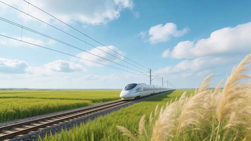 高速列车穿行绿色田野与蓝天白云间图片