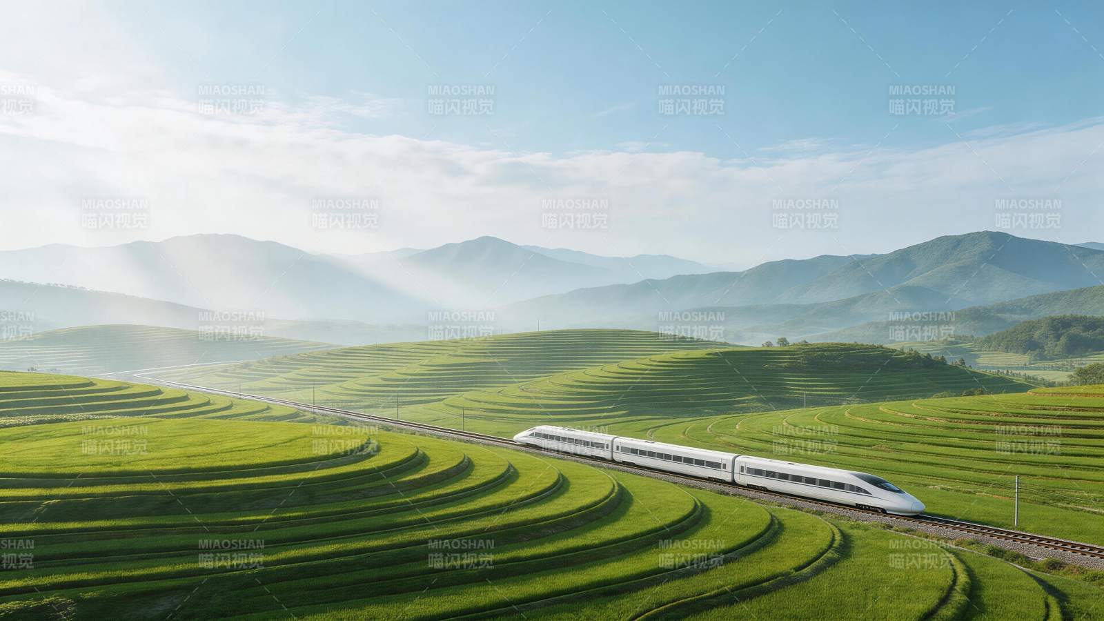 高铁穿行于层层叠叠的绿色梯田山间图片