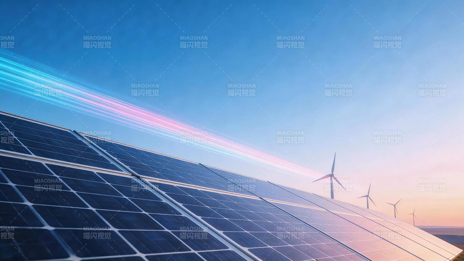 太阳能板阵列与风力发电机并列的清洁能源场图片