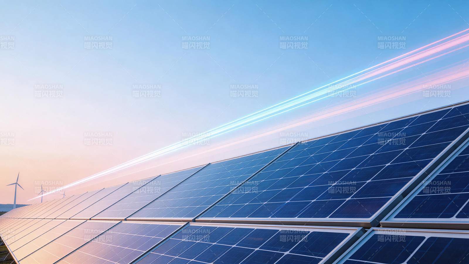 太阳能电池板阵列与风力发电机并存景观图片