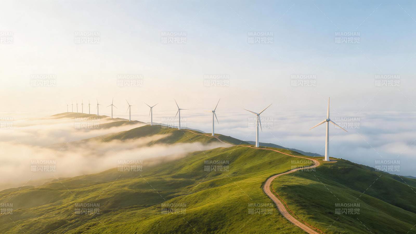 云海之上连绵山丘与成排风力发电机图片