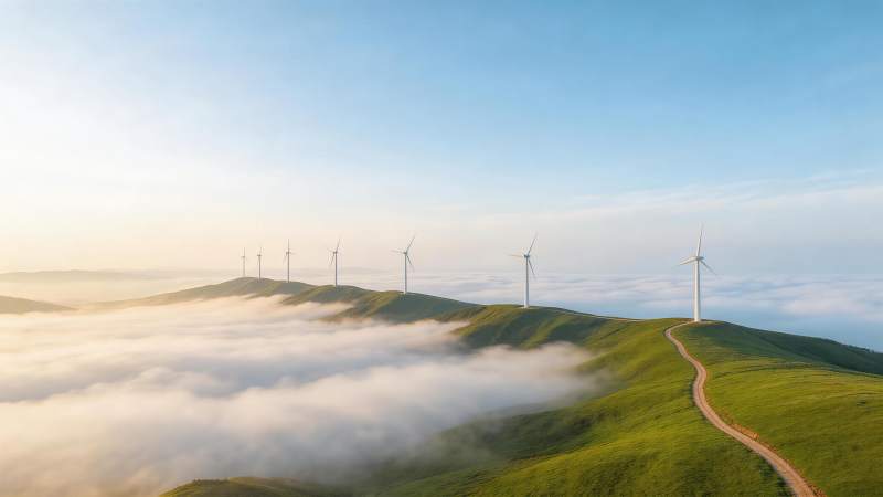 云海之上绿坡风车群与蜿蜒小径图片