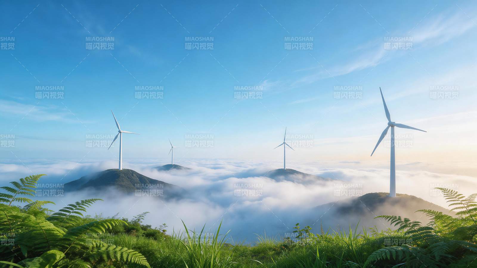 云海之上山巅风力发电机群景图片