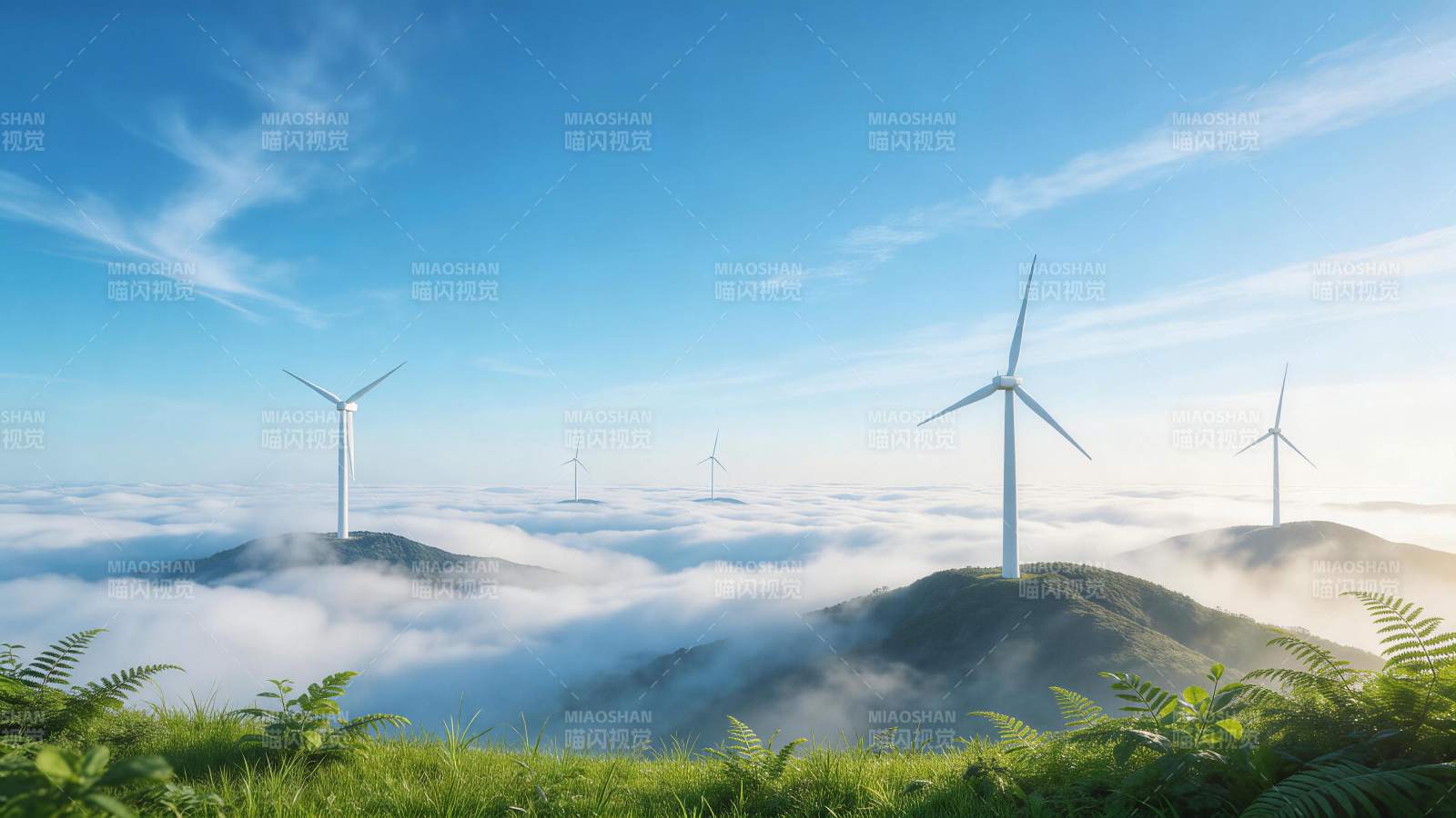 云海之上的白色风力发电机群景观图片