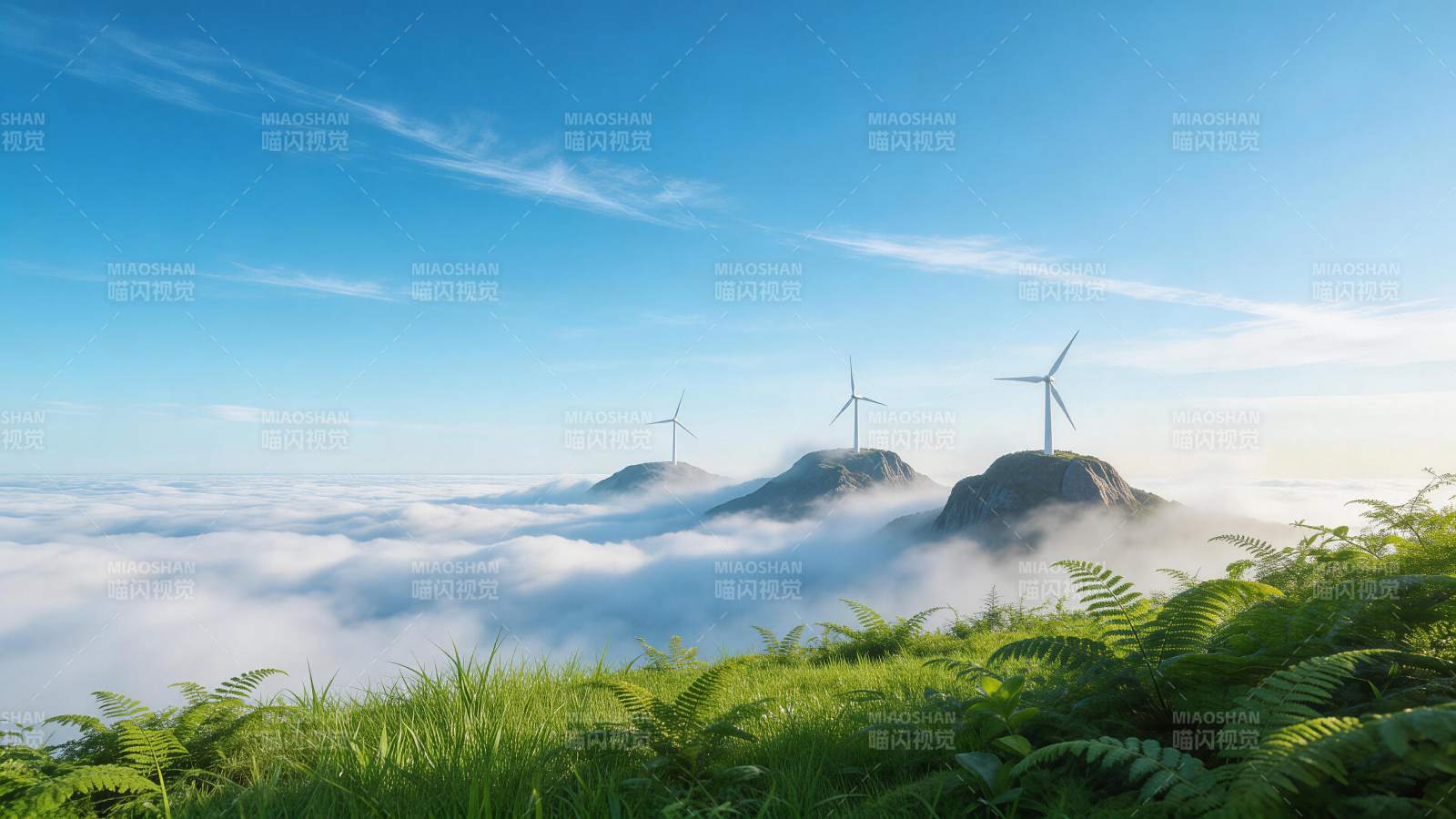 云海之上三座山峰矗立风力发电机图片