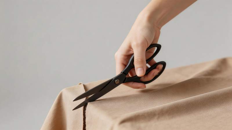 手持黑色剪刀裁剪米色布料的特写画面图片
