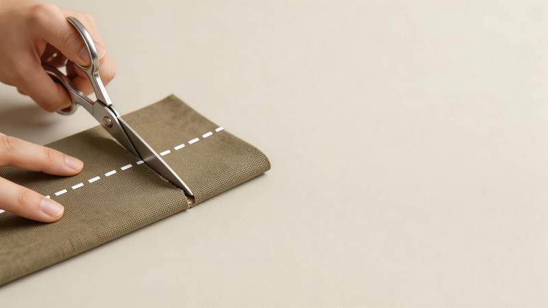 手持剪刀沿虚线裁剪布料的特写画面图片