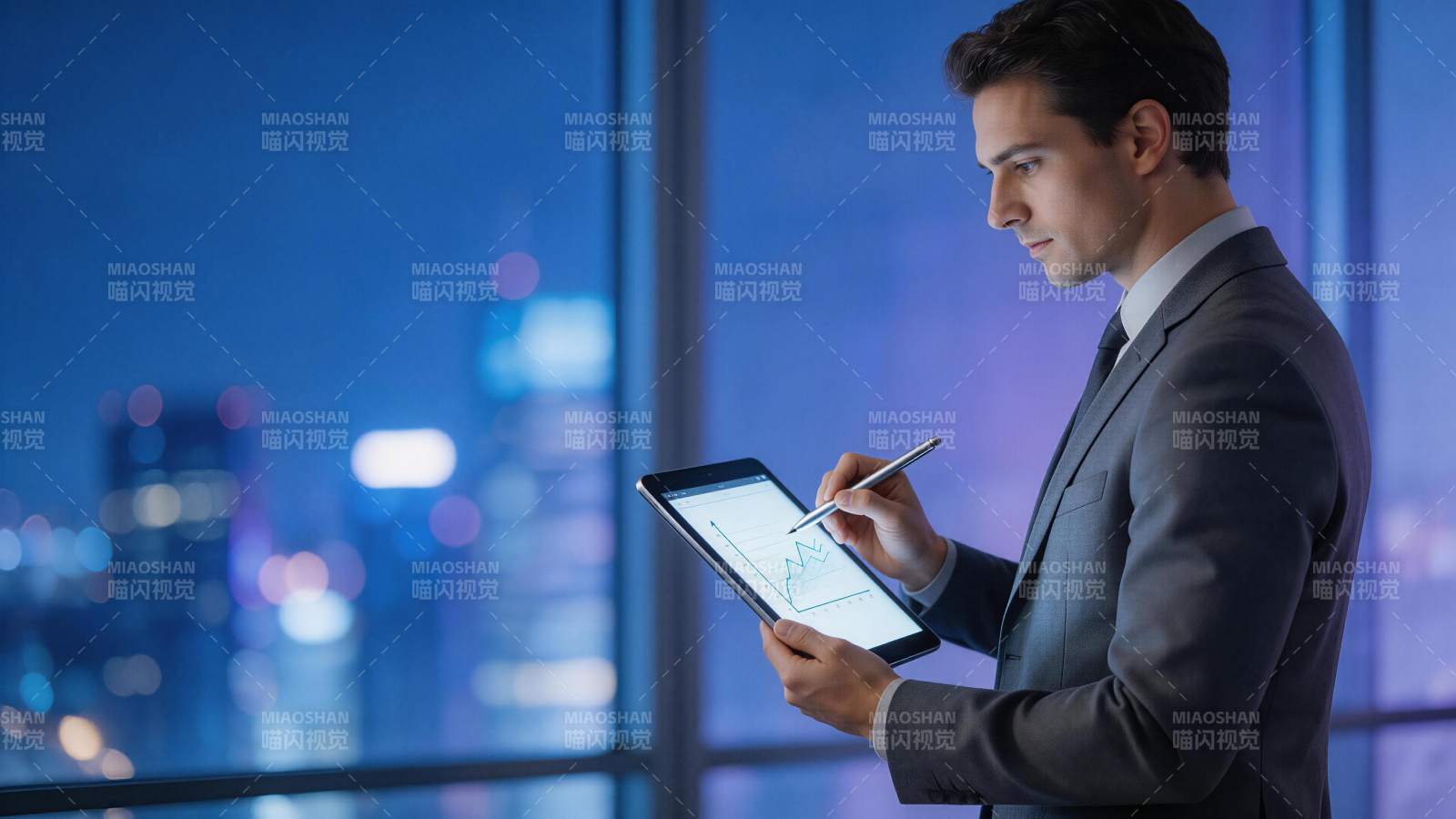 商务人士夜间办公室使用平板分析数据图表图片