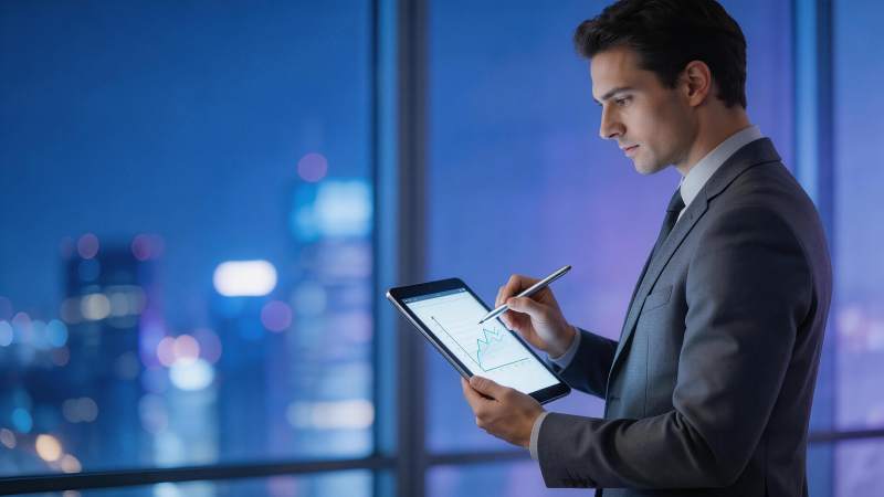 商务人士夜间办公室使用平板分析数据图表图片