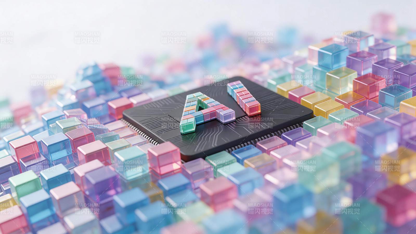 彩色积木拼成AI字母置于芯片之上图片