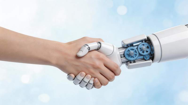 人类手掌与机械手臂握手特写画面图片