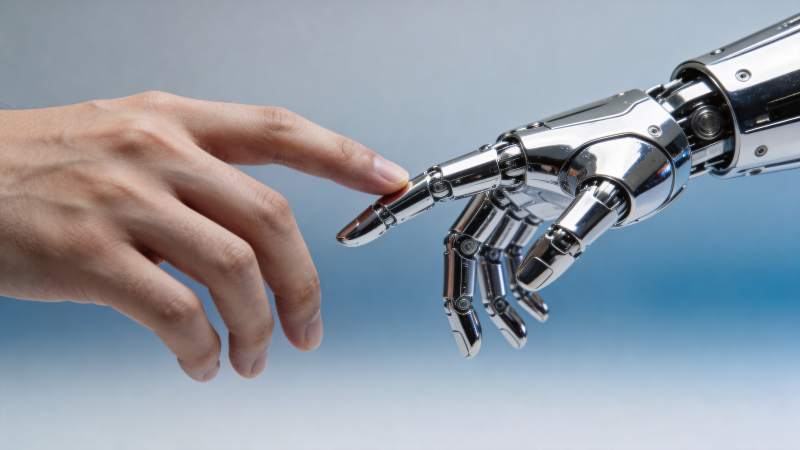 人类手指与机械手臂指尖即将触碰的瞬间图片