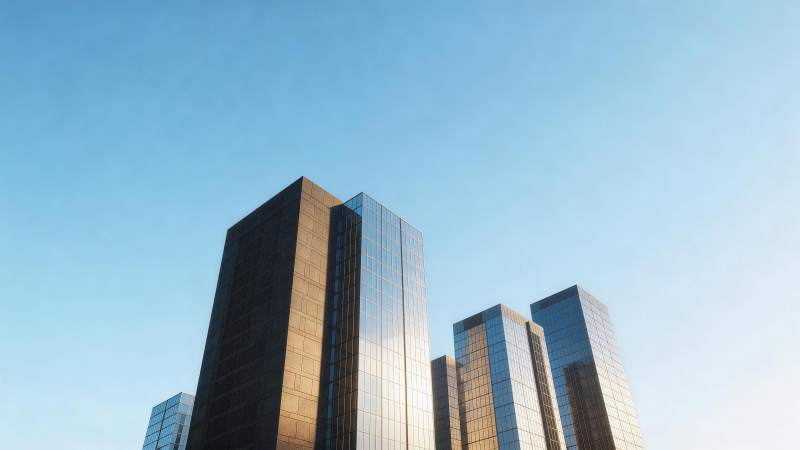 现代玻璃幕墙高层建筑群仰视图图片