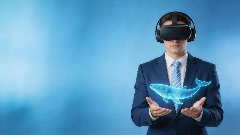 男子佩戴VR设备双手托举发光鲸鱼全息影像图片