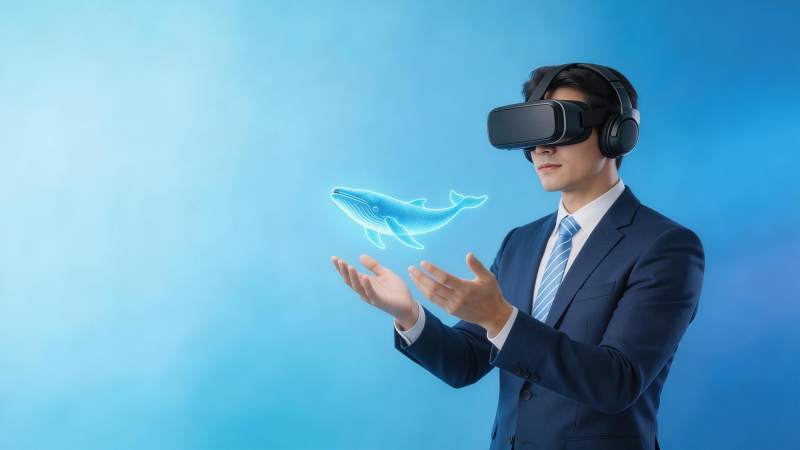 商务人士佩戴VR设备交互虚拟鲸鱼影像图片