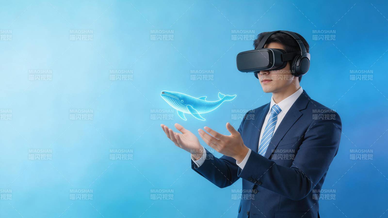 商务人士佩戴VR设备交互虚拟鲸鱼影像图片