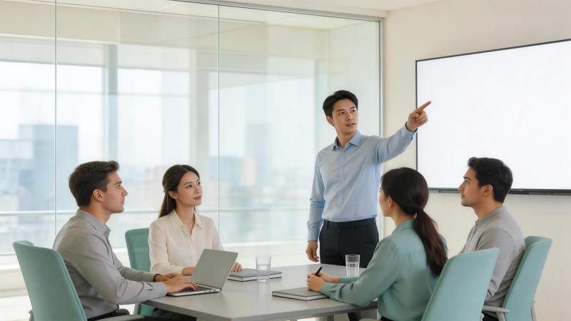 会议室中男性站立指向屏幕进行工作汇报图片