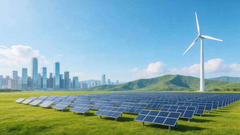 绿色草地上排列整齐的太阳能板与风力发电机图片