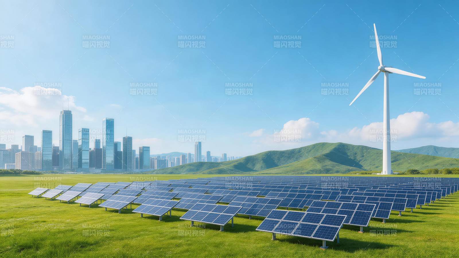 绿色草地上排列整齐的太阳能板与风力发电机图片