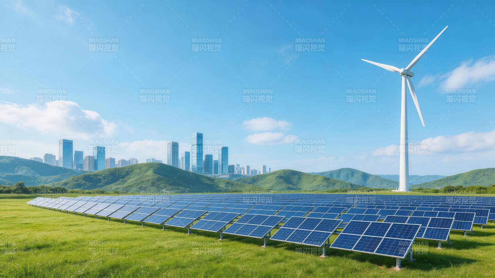 绿色草地上排列整齐的太阳能板与风力发电机图片