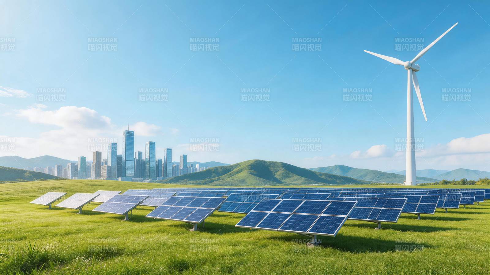 绿色草地上排列的太阳能板与风力发电机图片