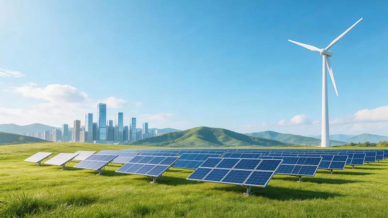 绿色草地上排列的太阳能板与风力发电机图片