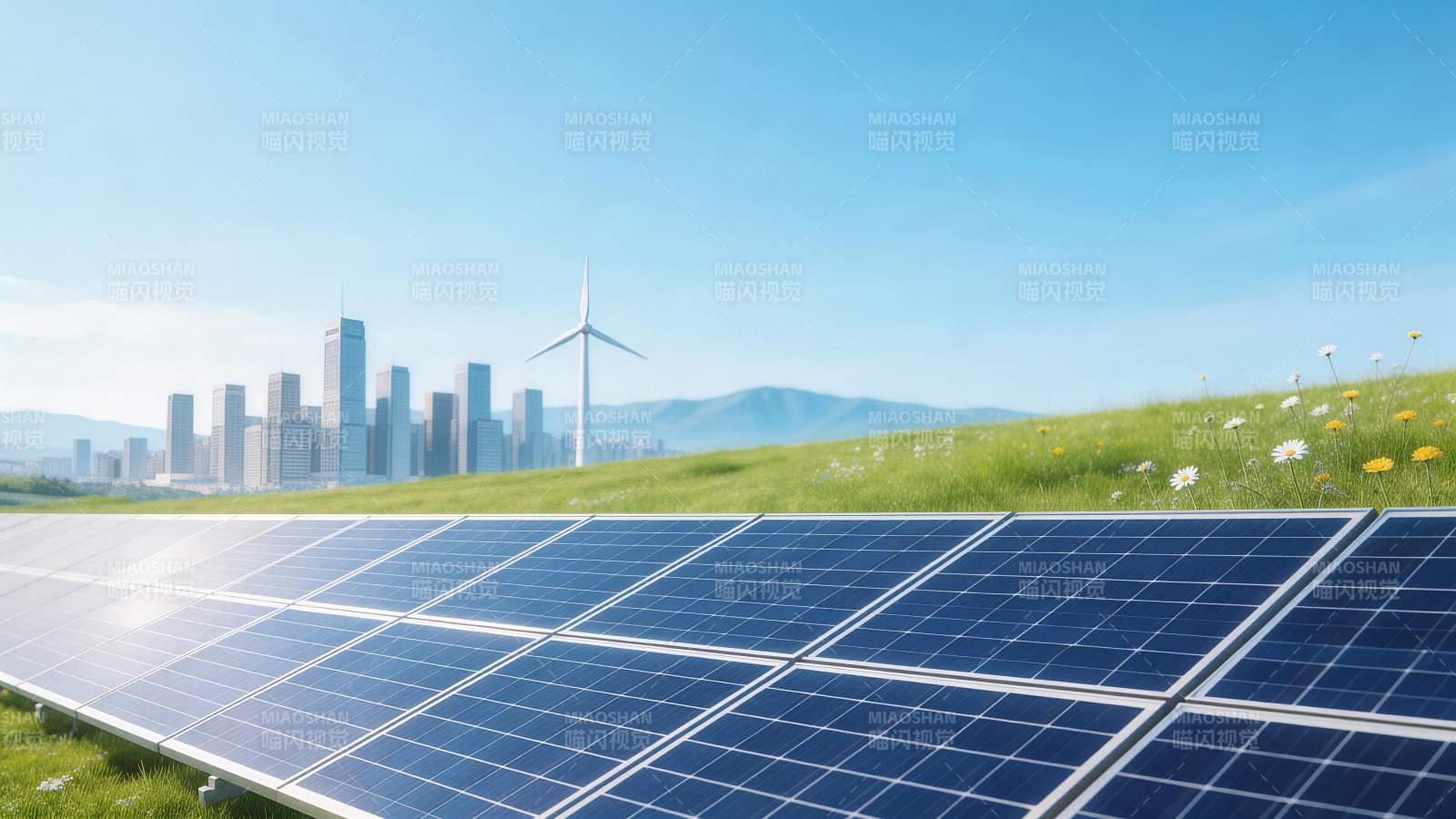 太阳能板阵列与风力发电机城市远景图片