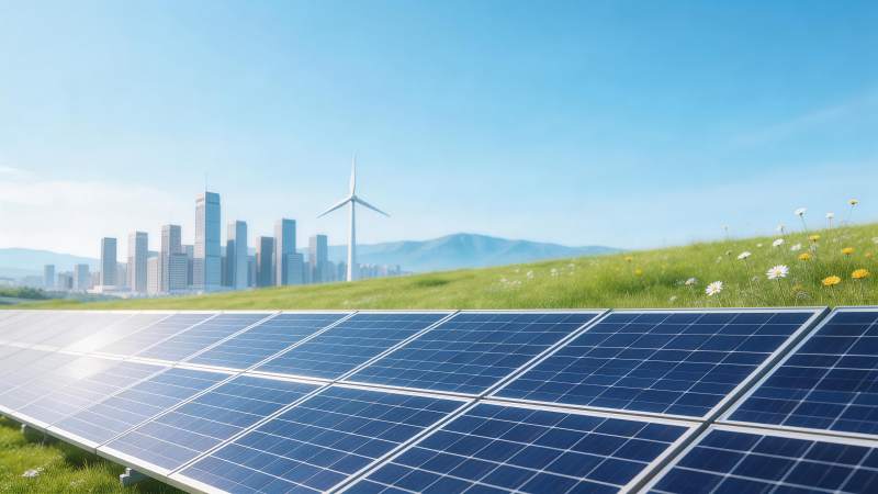 太阳能板阵列与风力发电机城市远景图片