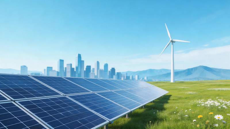 太阳能板与风力发电机并置的城市远景图片