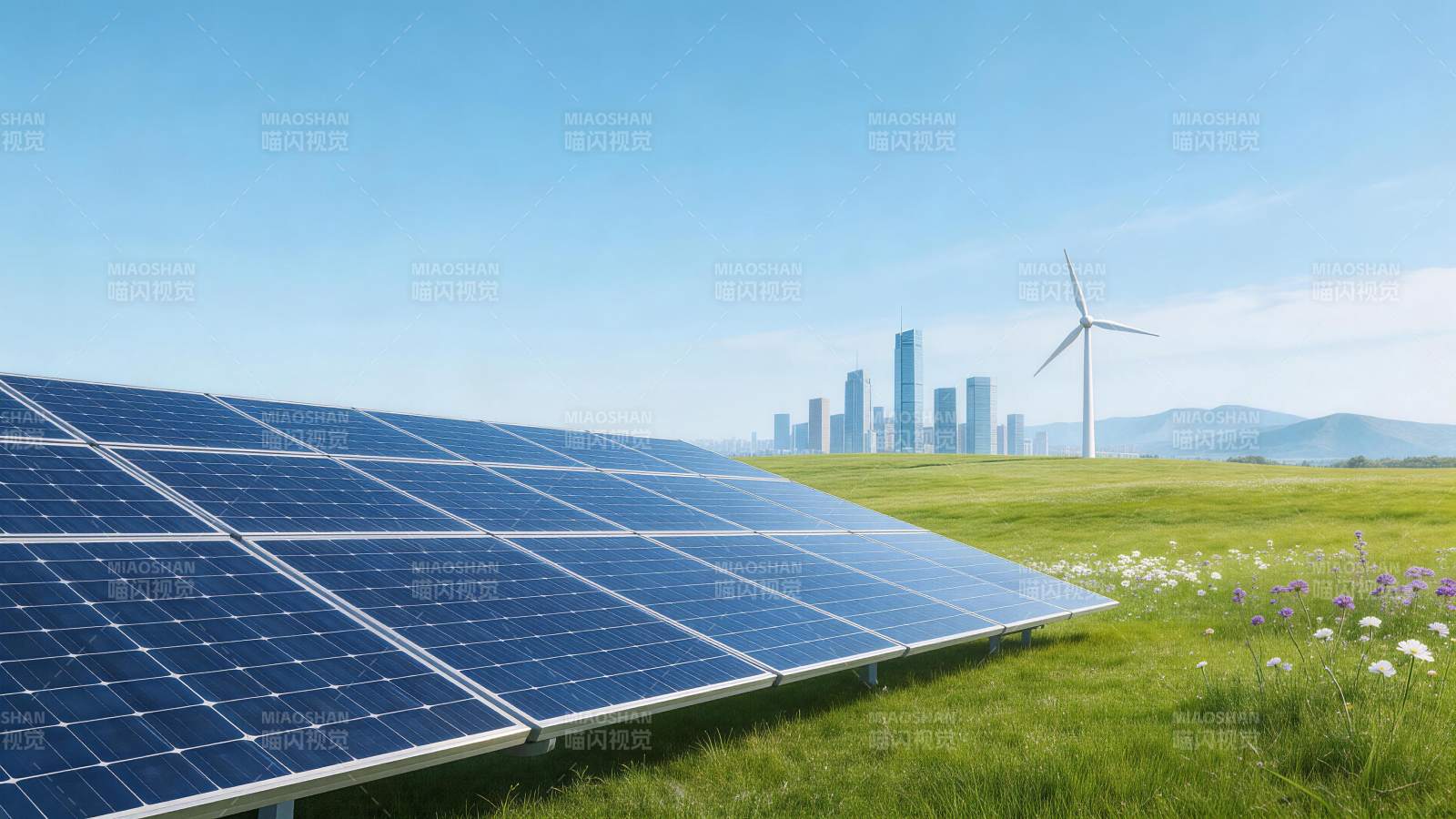 太阳能板与风力发电机并置的清洁能源场景图片