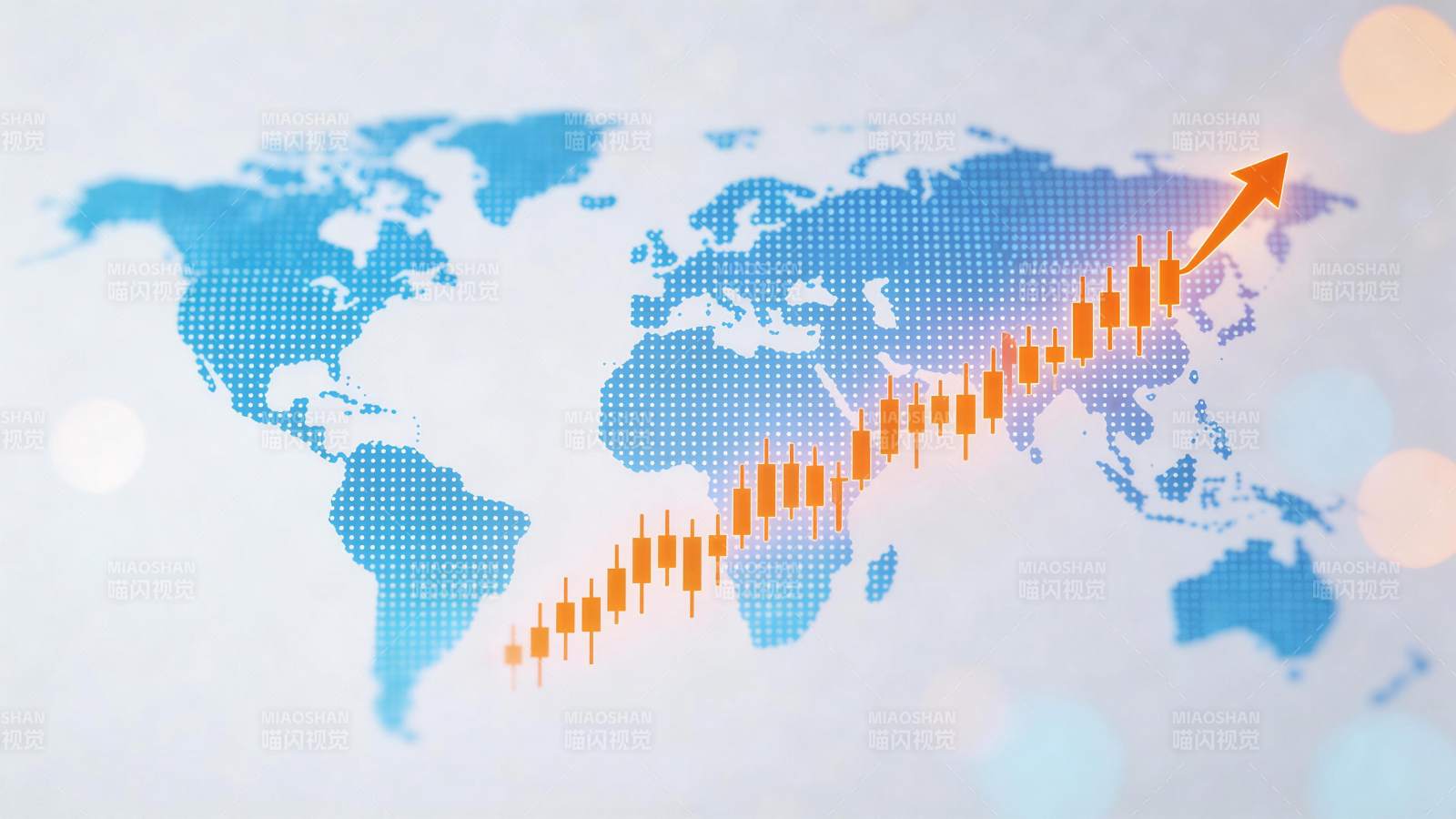 世界地图背景上的股票K线图与上升箭头图片