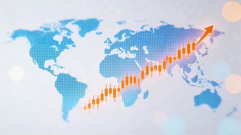 世界地图背景上的股票K线图与上升箭头图片